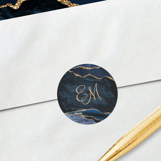 Navy Blue Gold Agate Marble Monogram Wedding Classic Round Sticker (Creator Uploaded)