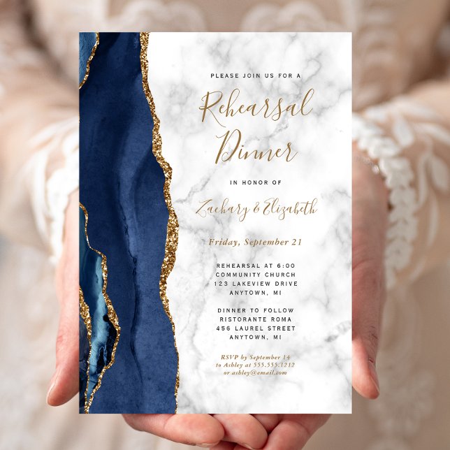  Navy Blue Gold Agate Marble Rehearsal Dinner Invitation (Creator Uploaded)