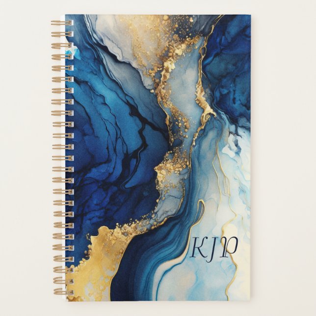 Navy Blue Gold Agate Marble Watercolor Planner (Front)