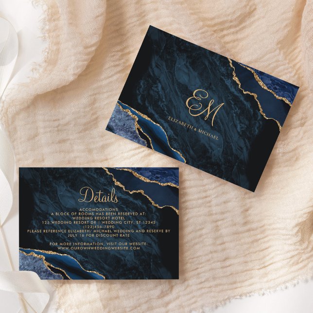 Navy Blue Gold Agate Marble Wedding Details Enclosure Card (Creator Uploaded)