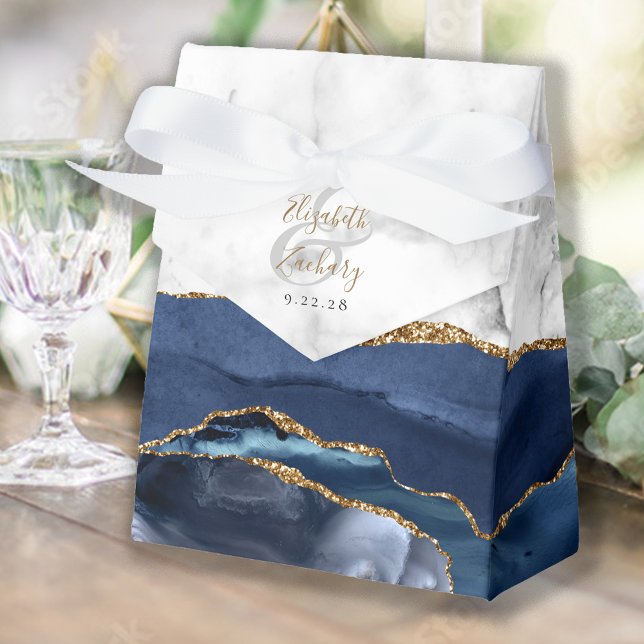 Navy Blue Gold Agate Marble Wedding Favour Box (Creator Uploaded)