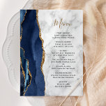 Navy Blue Gold Agate Marble Wedding Menu<br><div class="desc">The left-hand edge of this elegant modern wedding menu features a navy blue watercolor agate border trimmed with faux gold glitter. The customisable text combines gold-coloured handwriting script and black copperplate font on grey and white marble background. The reverse side features a matching navy blue and gold agate design.</div>