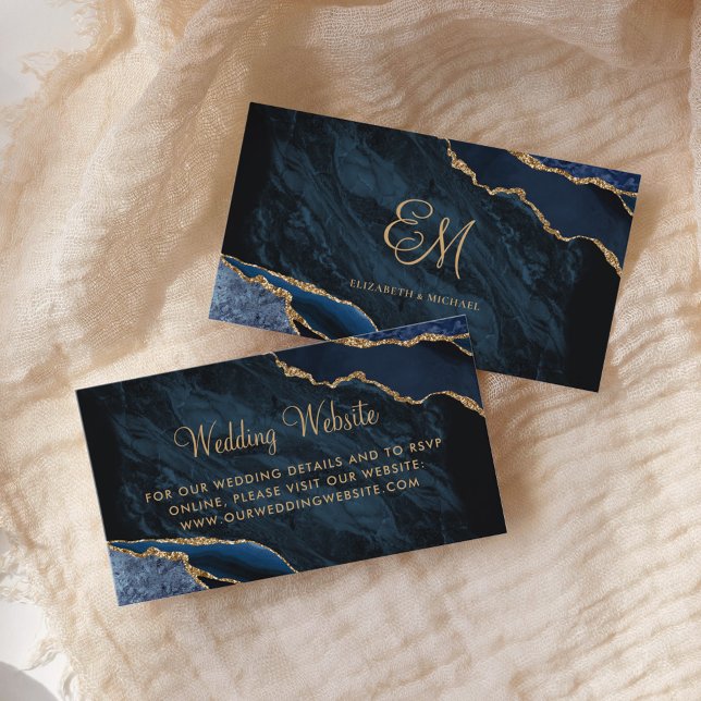 Navy Blue Gold Agate Marble Wedding Website Enclosure Card (Creator Uploaded)