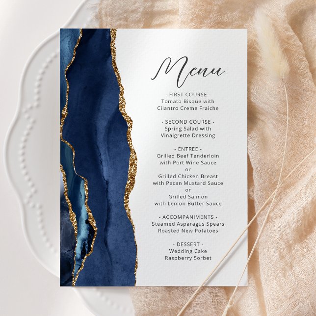 Navy Blue Gold Agate Modern Script Wedding Menu (Creator Uploaded)