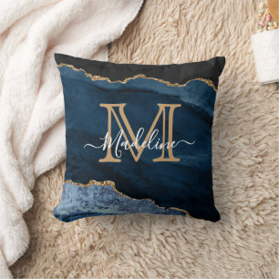 Navy Blue Gold Agate Monogram Name Script Initial Cushion