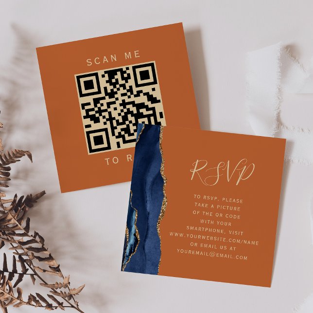 Navy Blue Gold Agate Orange Wedding QR Code RSVP Enclosure Card (Creator Uploaded)