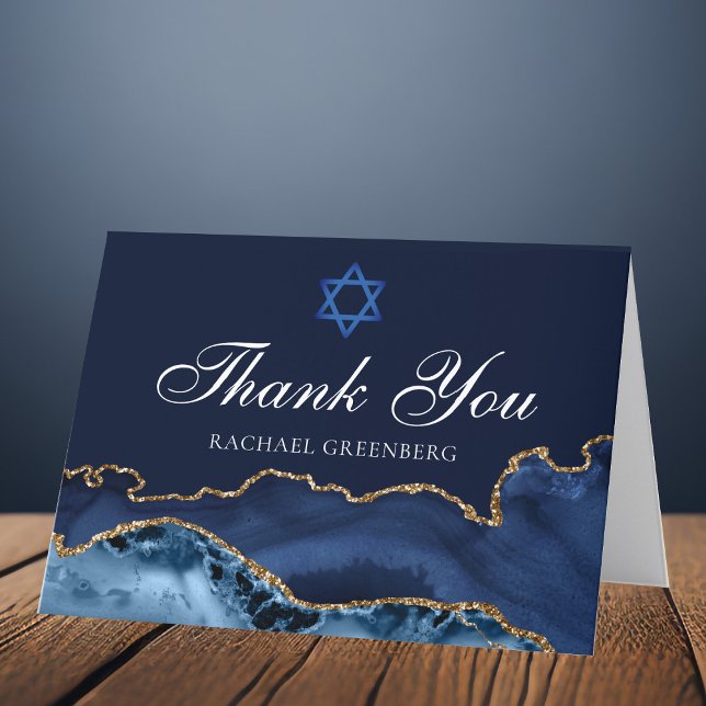 Navy Blue Gold Agate Personalised Bat Mitzvah Thank You Card (Creator Uploaded)