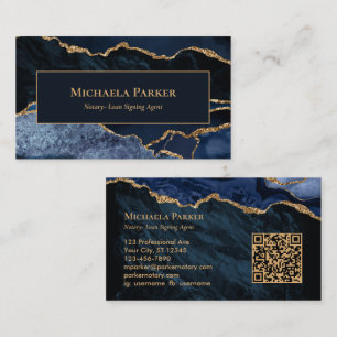 Navy Blue Gold Agate Professional Notary QR Code Business Card