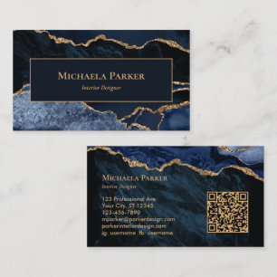 Navy Blue Gold Agate Professional QR Code Business Card