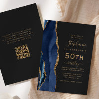 Navy Blue Gold Agate QR Code 50th Birthday