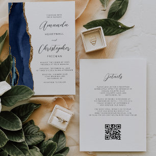 Navy Blue Gold Agate QR Code Wedding Invitation