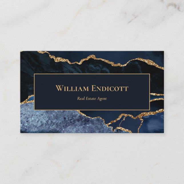 Navy Blue Gold Agate Real Estate Professional Business Card (Front)