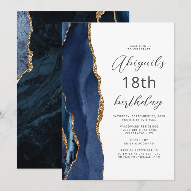 Navy Blue Gold Agate Script 18th Birthday Invitation (Front/Back)