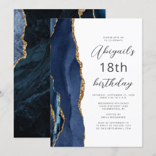 Navy Blue Gold Agate Script 18th Birthday Invitation
