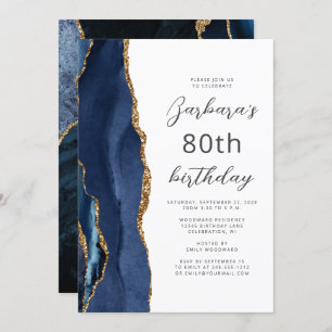 Navy Blue Gold Agate Script 80th Birthday Invitation
