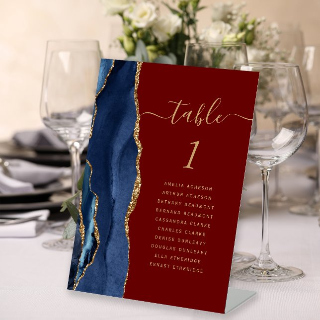 Navy Blue Gold Agate Script Burgundy Wedding Table Pedestal Sign (Creator Uploaded)