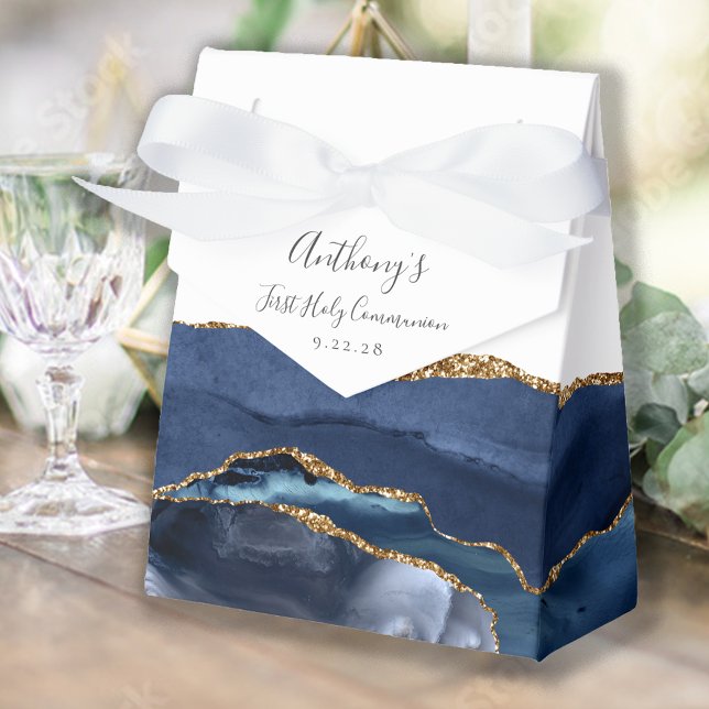 Navy Blue Gold Agate Script First Communion Favour Box (Creator Uploaded)