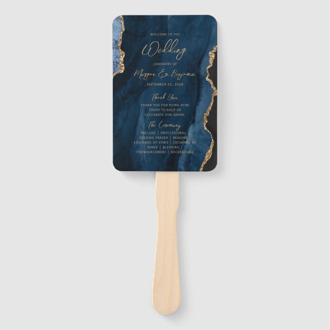 Navy Blue Gold Agate Script Wedding Program Hand Fan (Front)