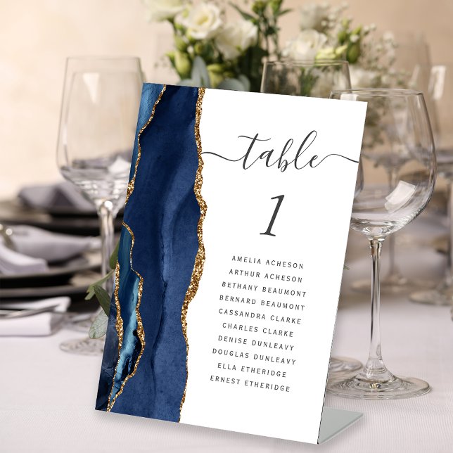 Navy Blue Gold Agate Script Wedding Table Number Pedestal Sign (Creator Uploaded)