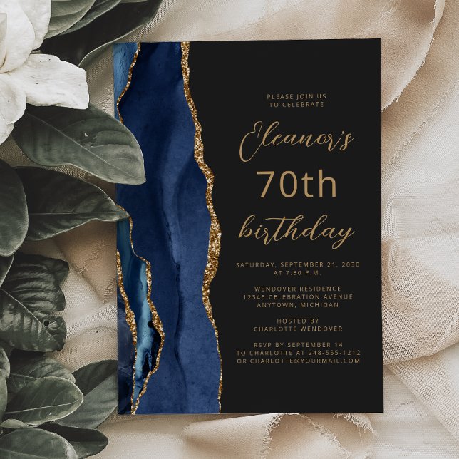 Navy Blue Gold Agate Slate Script 70th Birthday Invitation (Creator Uploaded)