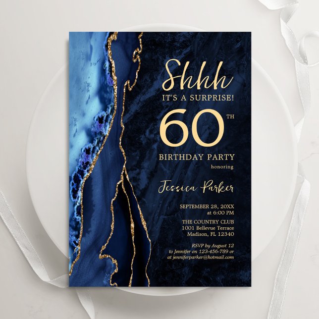 Navy Blue Gold Agate Surprise 60th Birthday Invitation (Creator Uploaded)