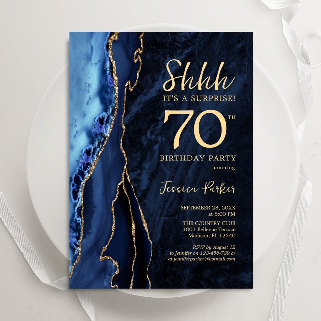 Navy Blue Gold Agate Surprise 70th Birthday Invitation (Creator Uploaded)