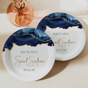 Navy Blue Gold Agate Sweet 16 Birthday Party Paper Plate
