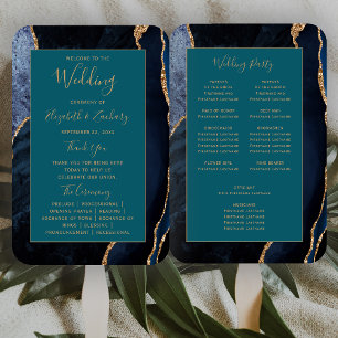 Navy Blue Gold Agate Teal Wedding Program Hand Fan
