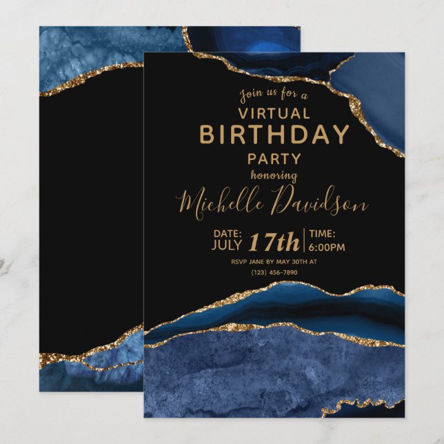 Navy Blue & Gold Agate Virtual Birthday Invitation (Front/Back)