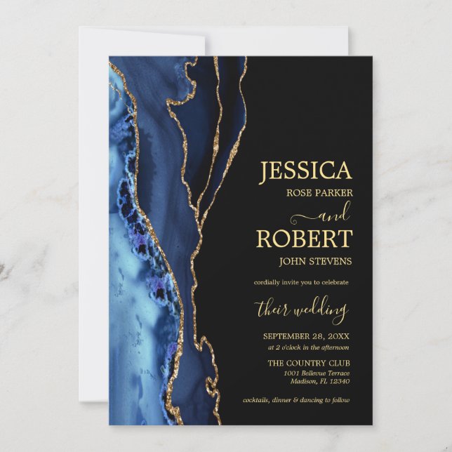 Navy Blue Gold Agate Wedding Invitation (Front)
