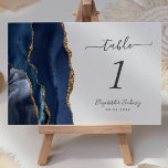 Navy Blue Gold Agate Wedding Table Number<br><div class="desc">The left-hand edge of this elegant modern wedding table number card features a navy blue watercolor agate border trimmed with faux gold glitter. The customisable text combines charcoal grey handwriting,  and italic and copperplate fonts on a white background.</div>