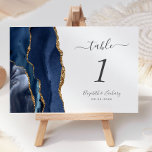Navy Blue Gold Agate Wedding Table Number<br><div class="desc">The left-hand edge of this elegant modern wedding table number card features a navy blue watercolor agate border trimmed with faux gold glitter. The customisable text combines charcoal grey handwriting,  and italic and copperplate fonts on a white background.</div>