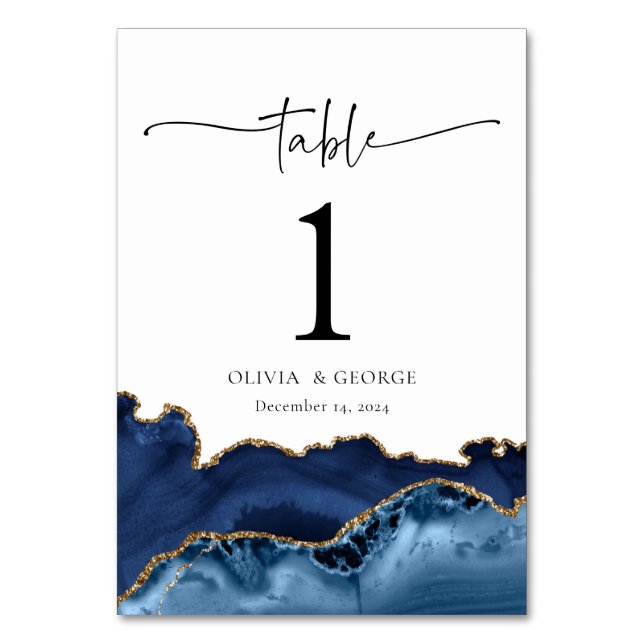 Navy Blue Gold Agate Wedding Table Number Cards  (Front)