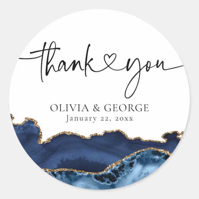 Navy Blue Gold Agate Wedding Thank You Stickers (Front)