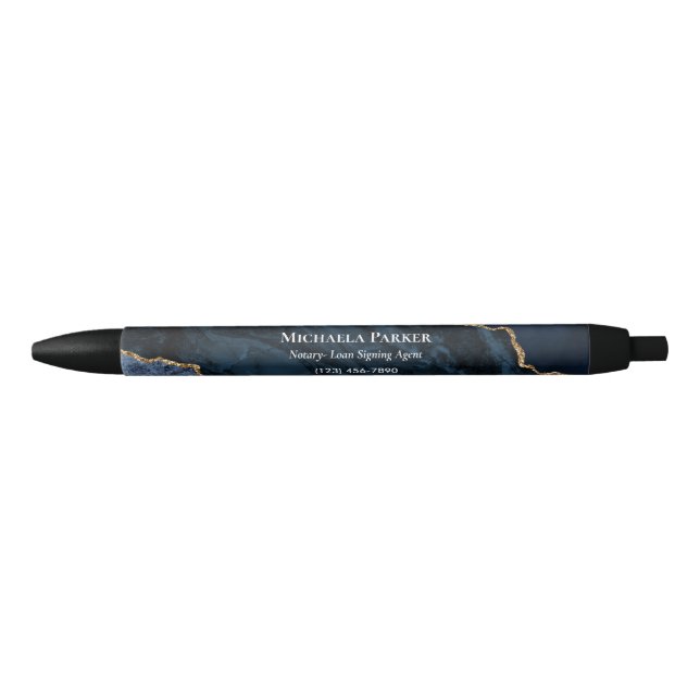 Navy Blue Gold Agate White Modern Business Black Ink Pen (Front)