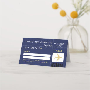 Navy Blue Gold Airline Ticket Guest Seating Place Card