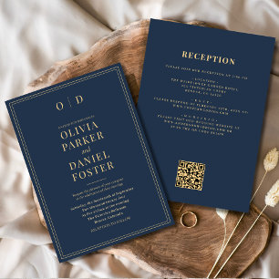 Navy Blue Gold All in One QR Code Wedding Invitation