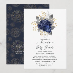 Navy Blue, Gold and Silver Floral Drive By Shower Invitation