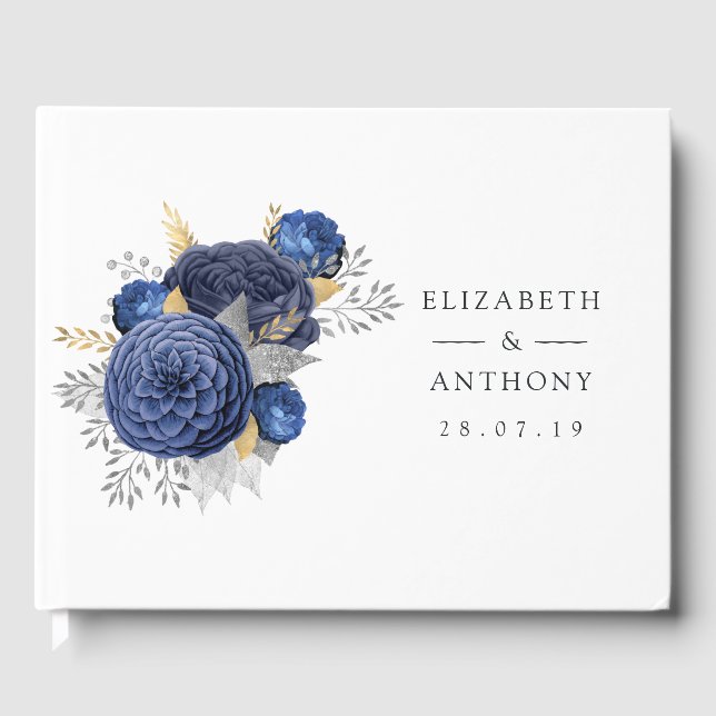 Navy Blue, Gold and Silver Floral Wedding Guest Book (Front)