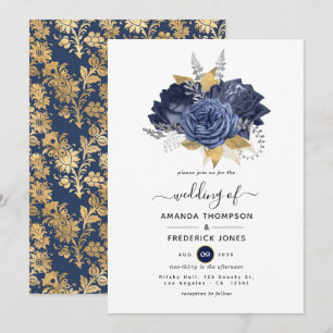 Navy Blue, Gold and Silver Floral Wedding Invitation