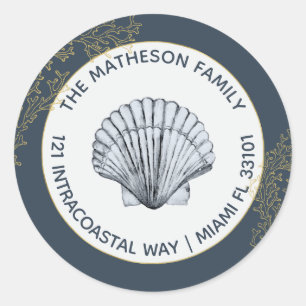 Navy Blue Gold and White Coastal Seashell Address Classic Round Sticker
