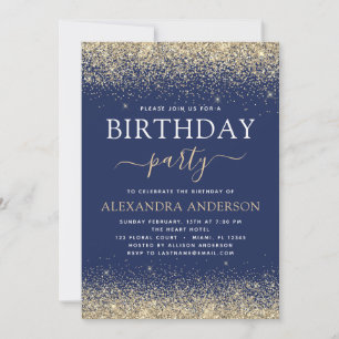 Navy Blue Gold Any Age Birthday Glitter Invitation
