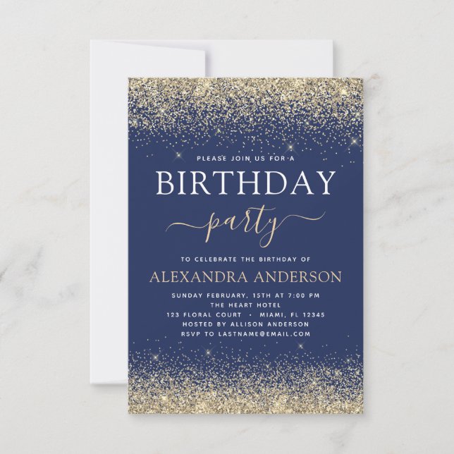 Navy Blue Gold Any Age Birthday Glitter Invitation (Front)