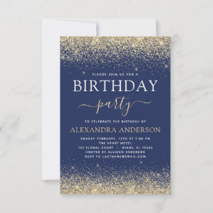 Navy Blue Gold Any Age Birthday Glitter Invitation