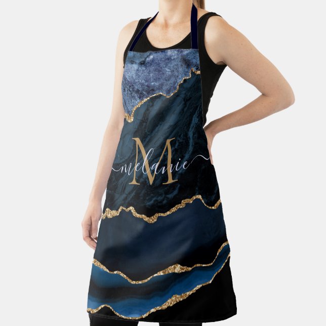 Navy Blue Gold Apron Personalised Name and Letter (Insitu)