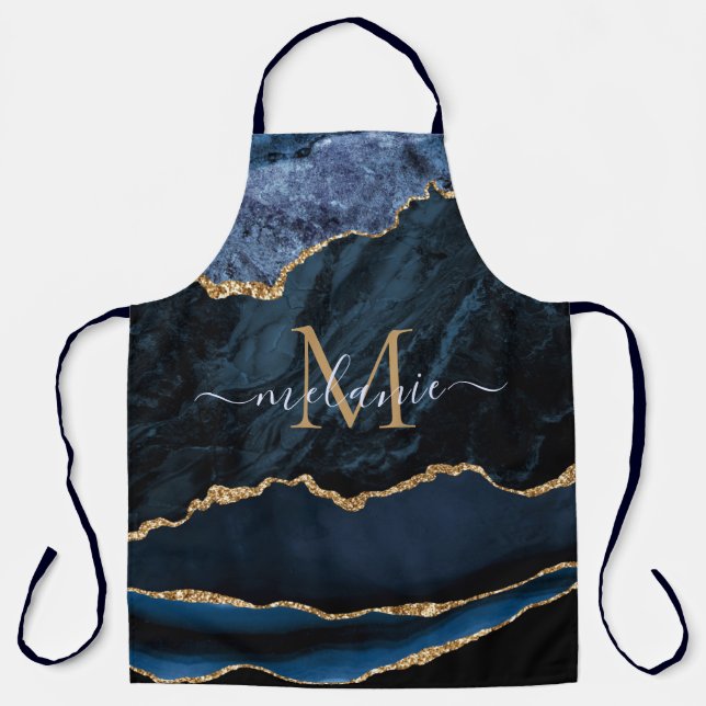 Navy Blue Gold Apron with Custom Name and Letter (Front)