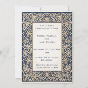 Navy Blue Gold Arabesque Lace Wedding Invitation