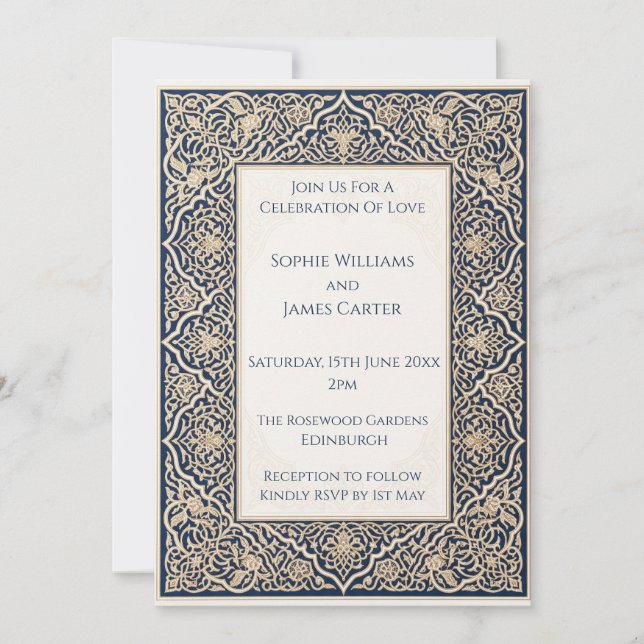 Navy Blue Gold Arabesque Lace Wedding Invitation (Front)