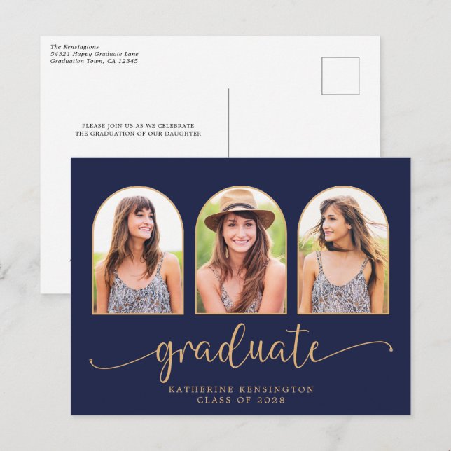 Navy Blue Gold Arch 3 Photo Graduation Announcement Postcard (Front/Back)