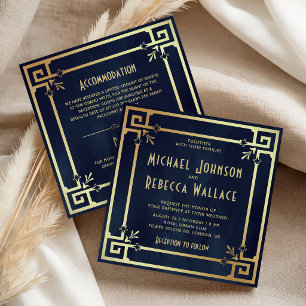 Navy Blue Gold Art Deco All in One Wedding Invitation